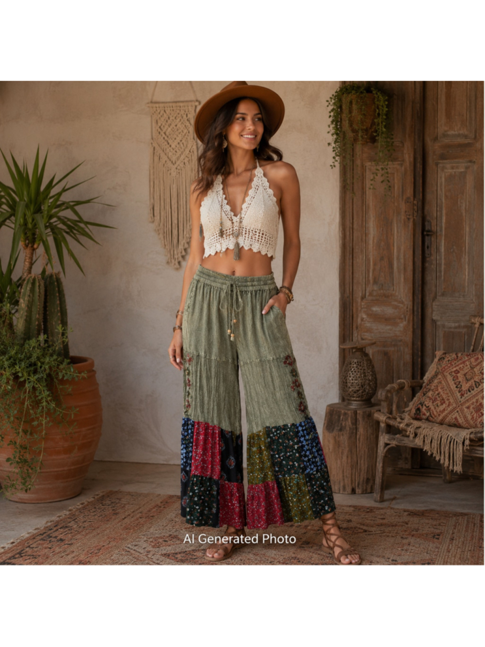 Young Threads Patchwork Crop Pant XS Green Embroidered Boho Festival Flare India